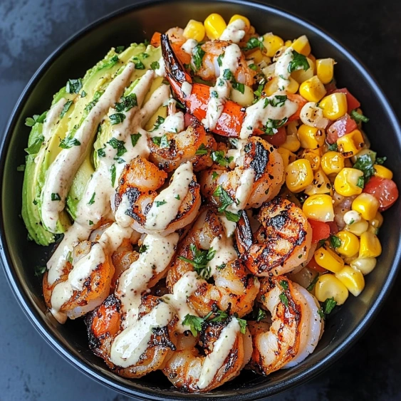 A bowl of food with shrimp, corn, and avocado.