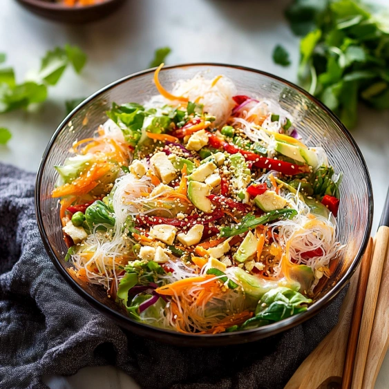 A bowl of vegetables and noodles.