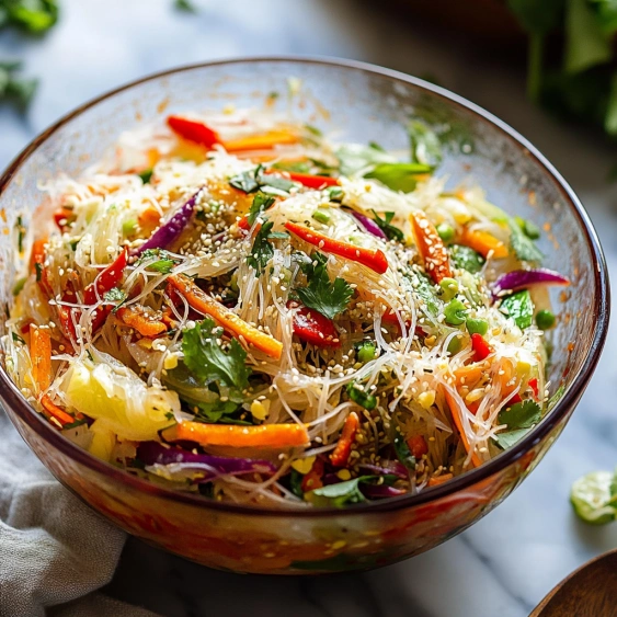 A bowl of noodles with vegetables.