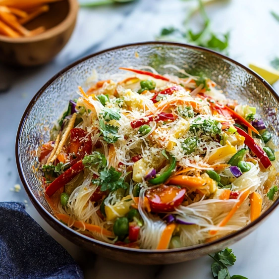 A bowl of food with carrots and peppers.
