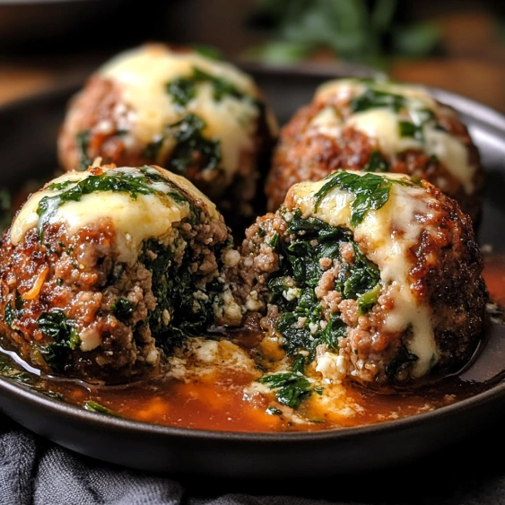 A plate of meatballs with cheese and spinach.
