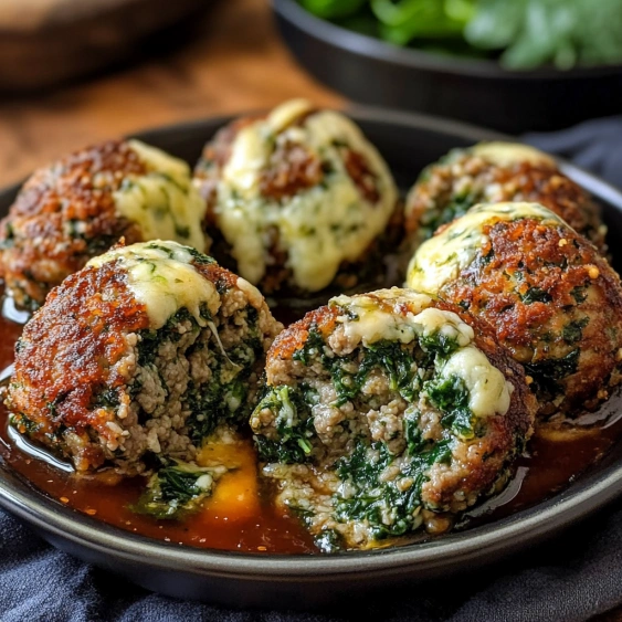 A plate of meatballs with cheese.