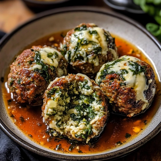 A bowl of meatballs with cheese and sauce.
