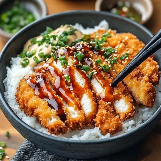 A bowl of food with rice and sauce.