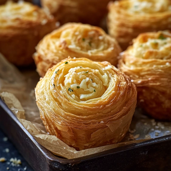 A tray of pastries with a green herb on top.