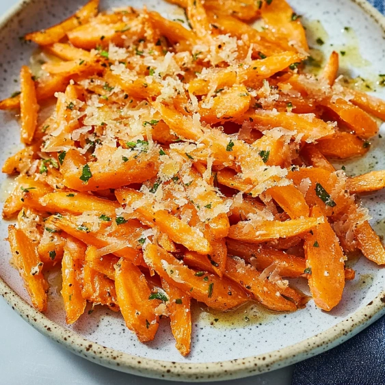 A plate of carrots with cheese on top.