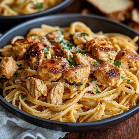 A bowl of pasta with chicken and cheese.