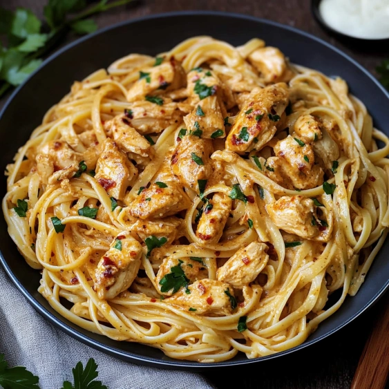 A bowl of spaghetti with chicken and herbs.