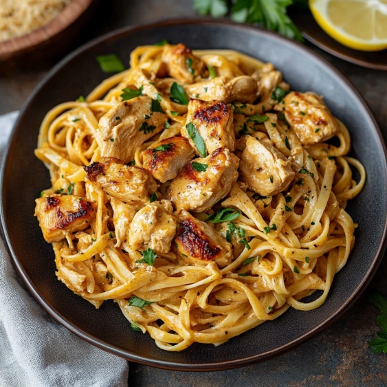 A plate of pasta with chicken and herbs.