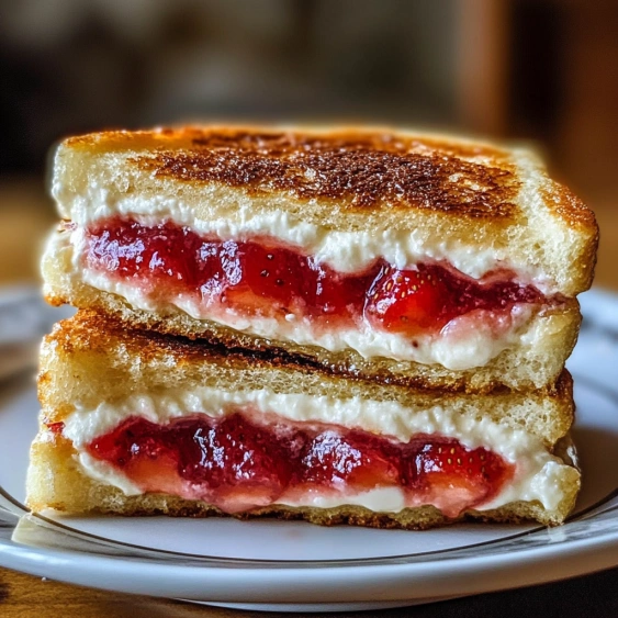 A sandwich with strawberries and whipped cream.