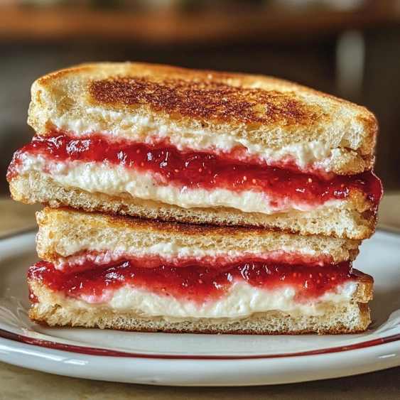 A stack of grilled cheese sandwiches with strawberry jam.
