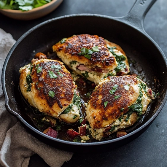 Chicken with greens in a pan.