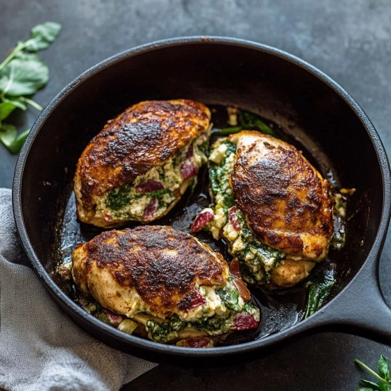 A pan of chicken with greens.