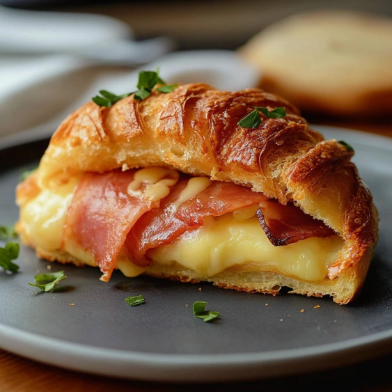 A croissant sandwich with ham and cheese.