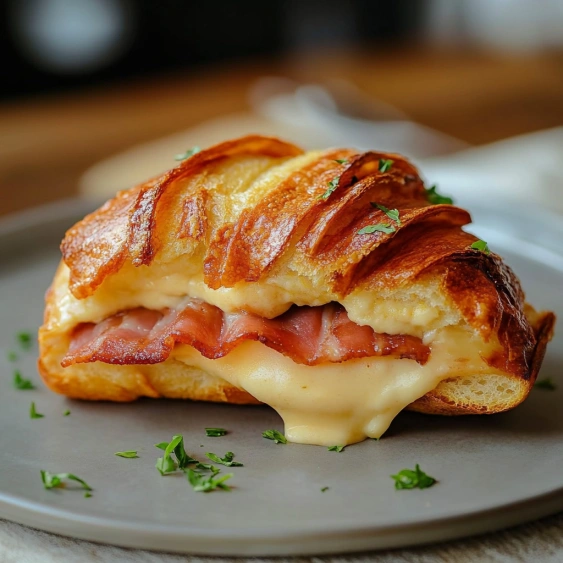 A sandwich with cheese and bacon on a plate.