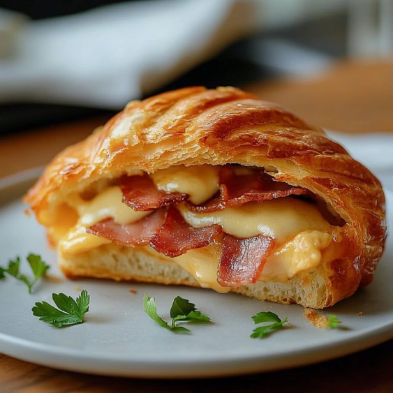 A sandwich with bacon and cheese on a plate.