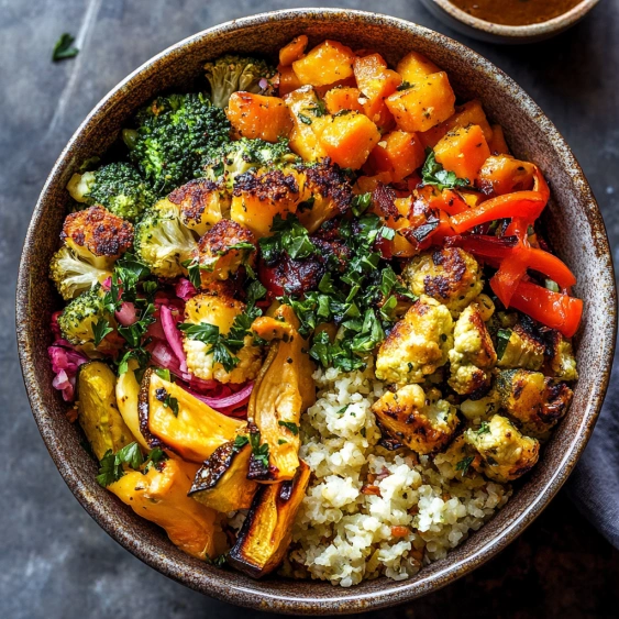 A bowl of vegetables and rice.