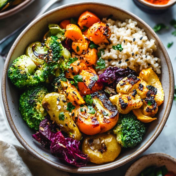 A bowl of vegetables including broccoli, carrots, and tomatoes.