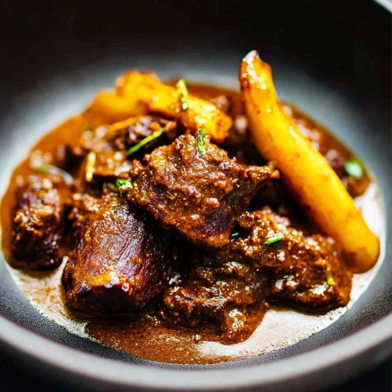 A bowl of food with meat and vegetables.