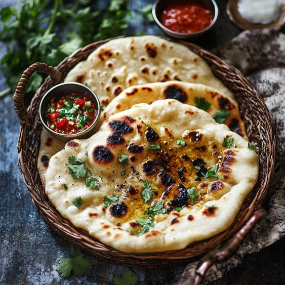 A basket of food with a sauce and a spoon.
