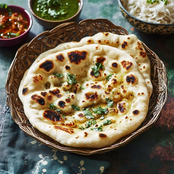 A plate of food with a flat bread item on it.