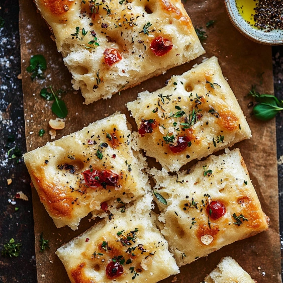 A pizza with tomatoes and herbs on it.