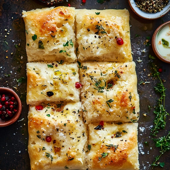 A plate of bread with herbs on it.