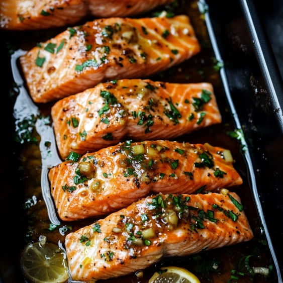 A pan of salmon with lemon slices on top.
