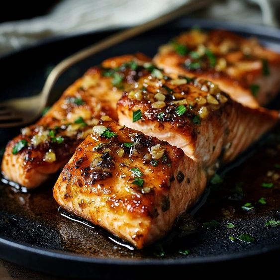 A plate of cooked salmon with herbs.