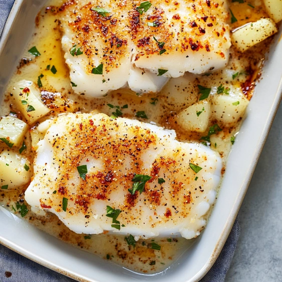 A plate of fish and potatoes.