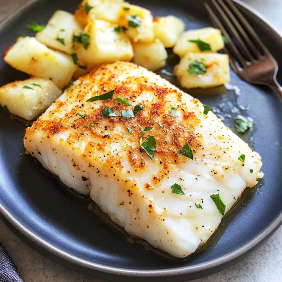 A plate of fish and potatoes.