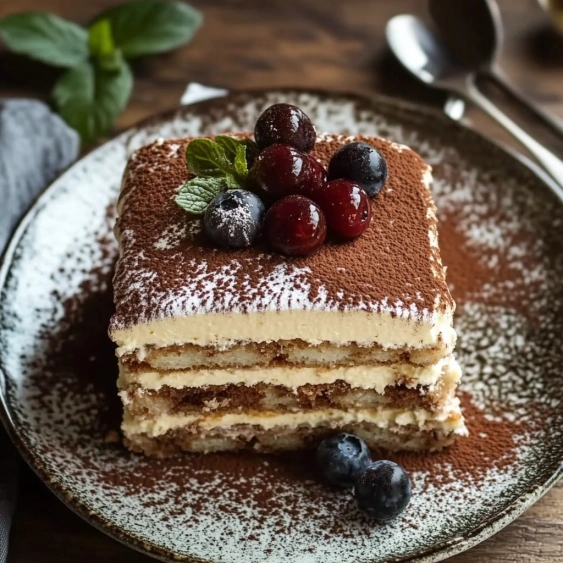 A slice of cake with berries on top.