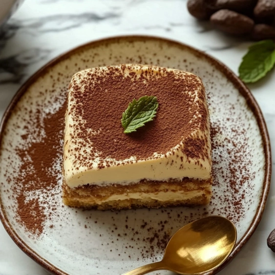 A piece of cake with a leaf on top.