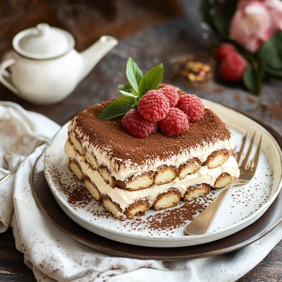 A slice of cake with raspberries on top.