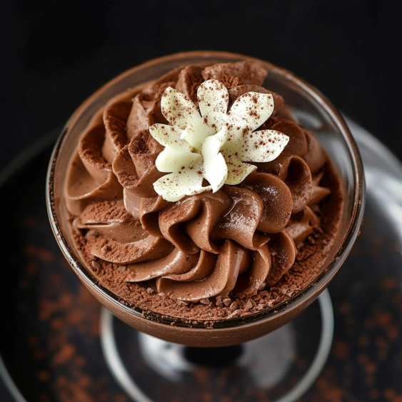 A chocolate dessert with white frosting and a flower on top.
