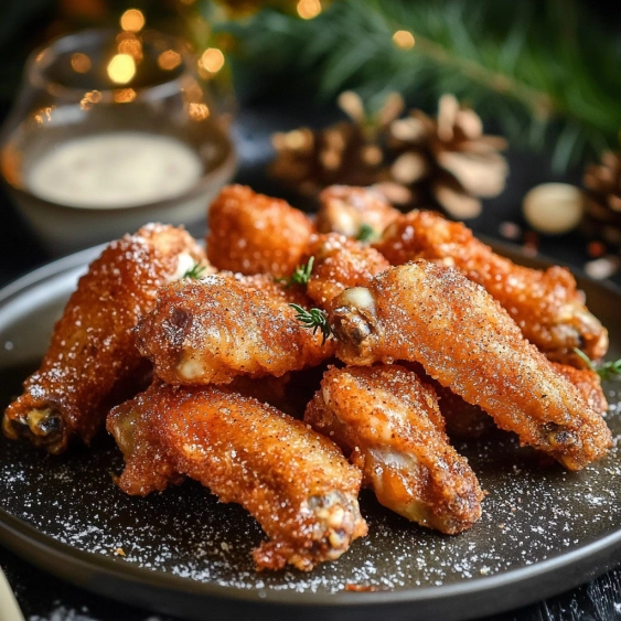 A plate of fried chicken wings with a dipping sauce.