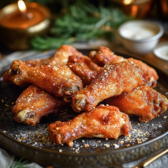 A plate of chicken wings with a spoon on the side.
