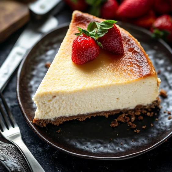 A slice of cheesecake with strawberries on top.