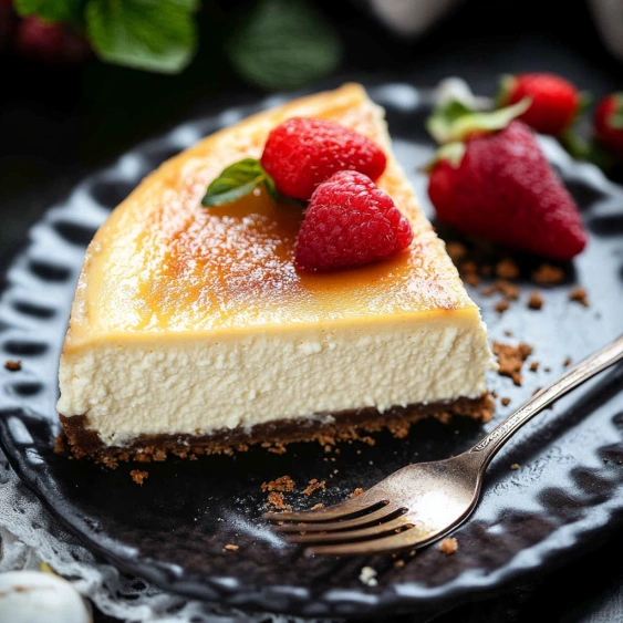 A slice of cheesecake with strawberries on top.