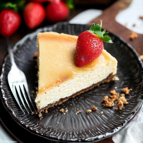 A slice of cheesecake with a strawberry on top.