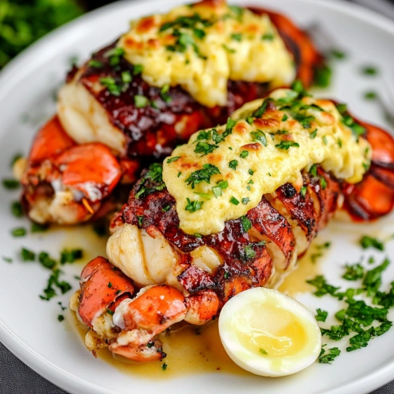 A plate of food with lobster and egg.