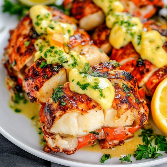 A plate of shrimp with lemon and garlic sauce.