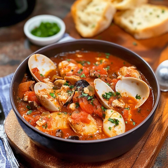 A bowl of soup with clams and tomatoes.