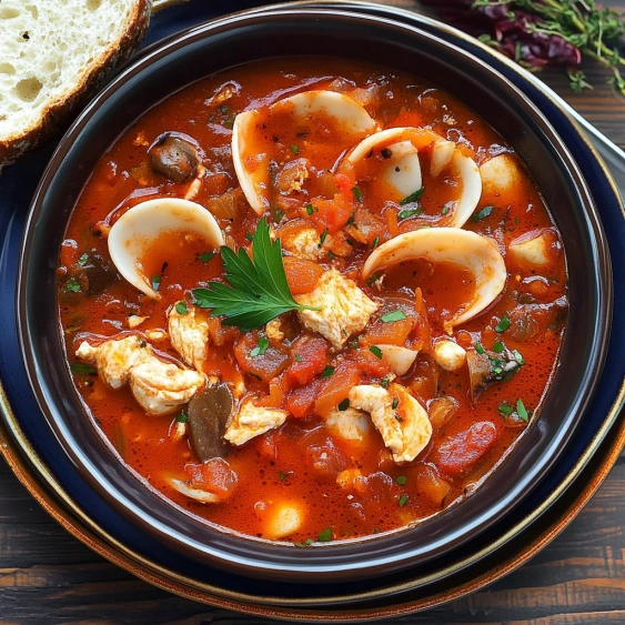 A bowl of soup with a slice of bread on the side.