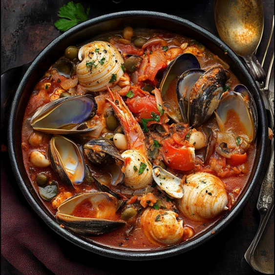 A bowl of food with clams, tomatoes, and onions.