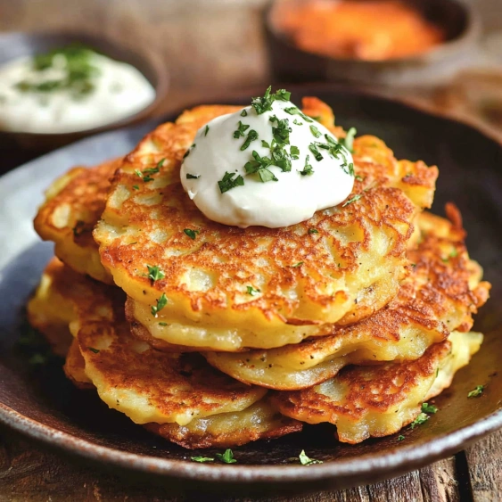 A stack of pancakes with a dollop of sour cream on top.
