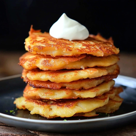 A stack of pancakes with whipped cream on top.