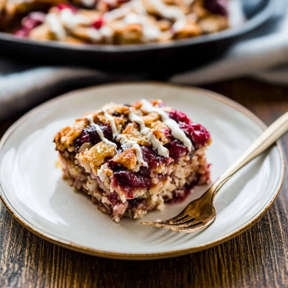A piece of cake with white icing and berries on a plate.