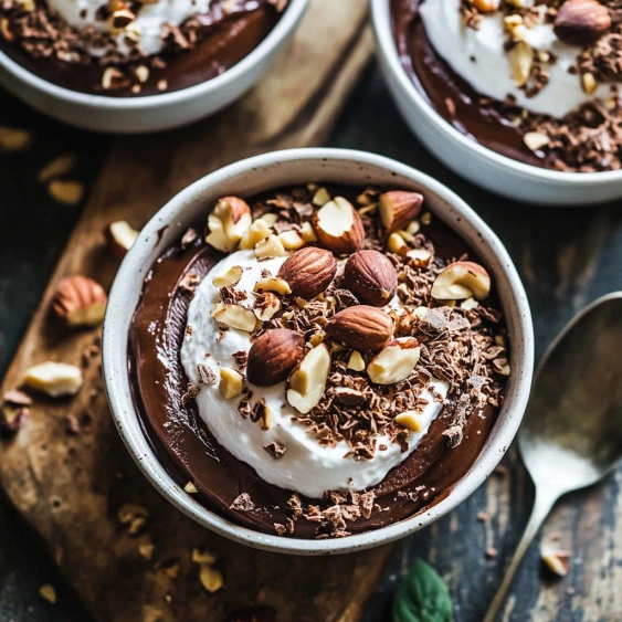A bowl of chocolate ice cream with nuts on top.