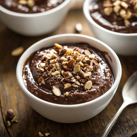 A bowl of chocolate ice cream with nuts on top.